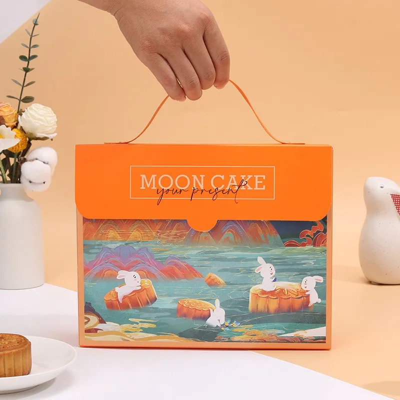 5Pcs/set Orange Paper Mooncake Packaging Box Wholesale Mid Autumn Festival Gift Boxed Egg Yolk Crispy 80g 6/8pcs Pack