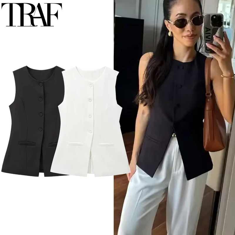 TRAF Woman Vest Outerwears Sleeveless Long Vests For Women Office Casual Women\'s Suit Vest Autumn Button Black White Vest