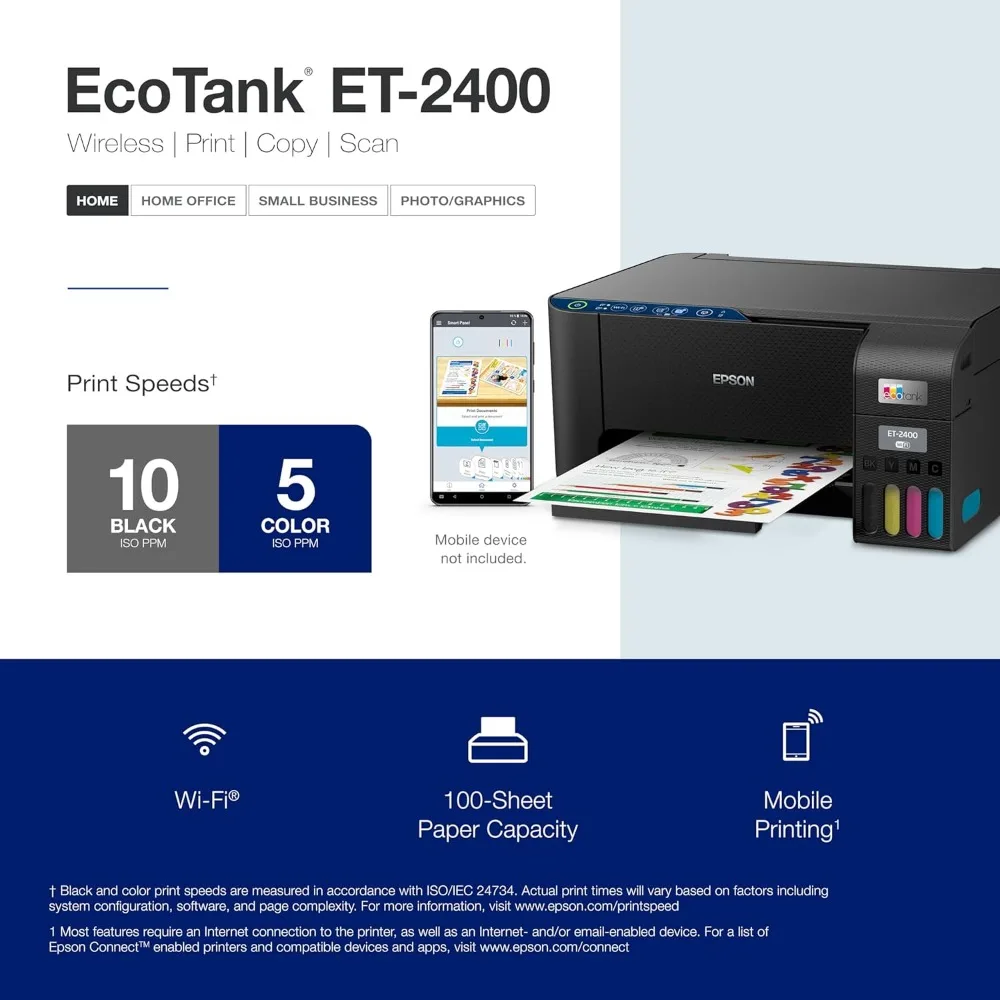 Ecotank ET-2400เครื่องพิมพ์ซุปเปอร์แทงค์ไร้สายแบบไร้ตลับหมึกสีพร้อมสแกนและถ่ายสำเนาง่ายการพิมพ์ที่บ้านทุกวัน