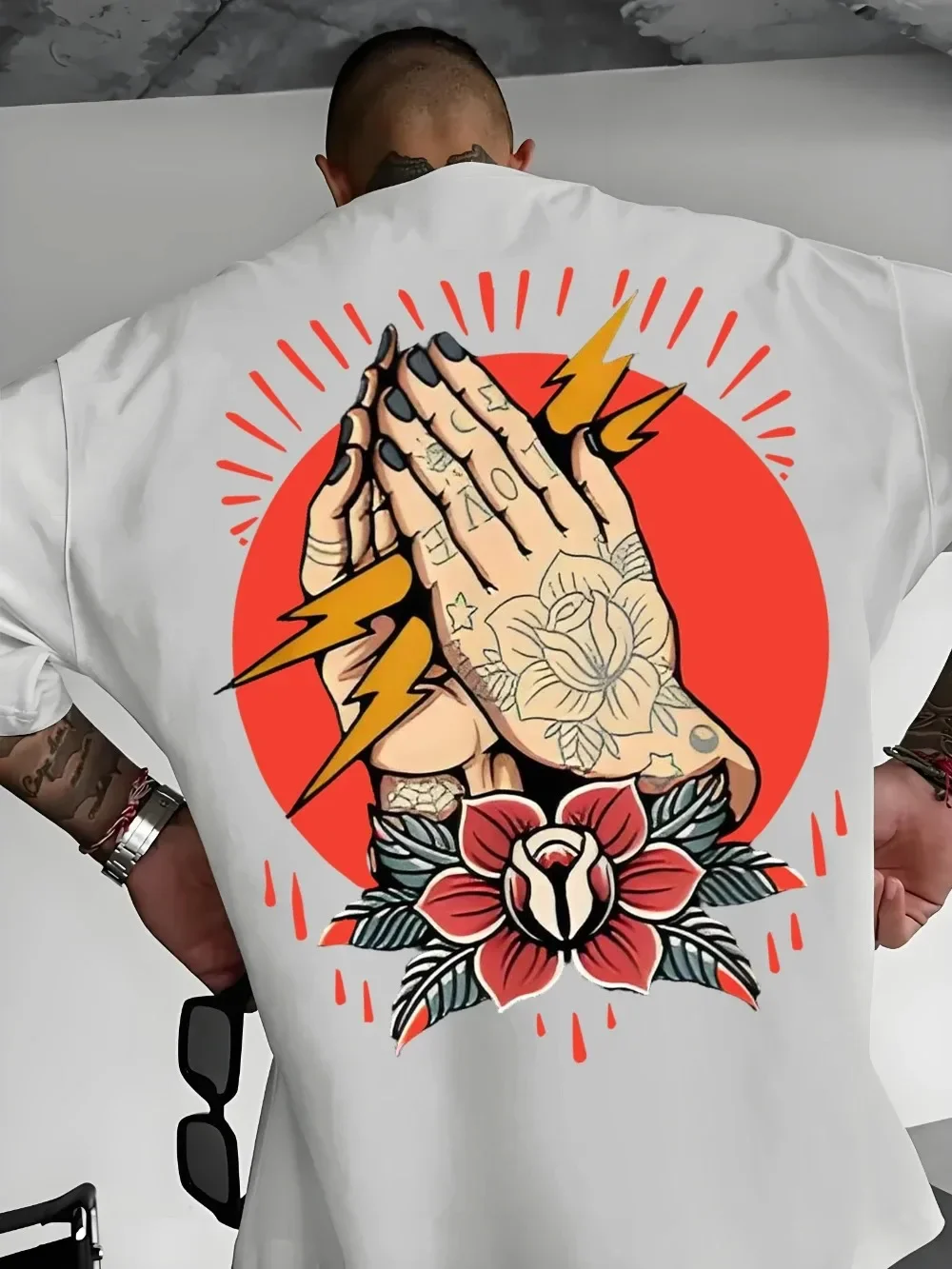 American Retro Traditional Tattoo Art Prayer 3D Print Breath Quick-Dry Men's Loose Large-Sized T-Shirt Street Casual Hip-Hop Top