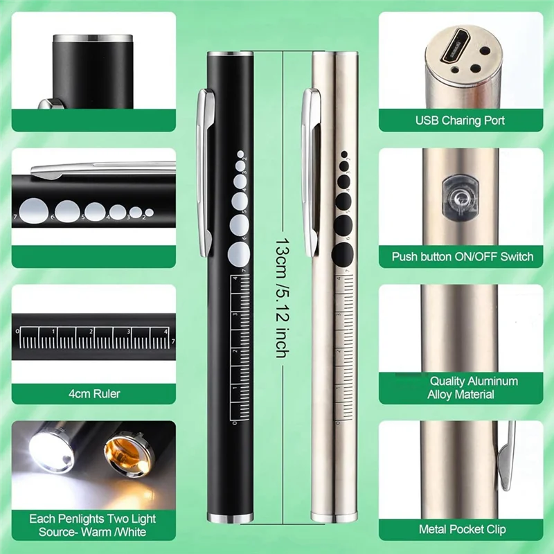 مجموعة أدوات الممرضة، ضوء قلم قابل لإعادة الشحن مع مصادر ضوء LED ومقياس الحدقة، 6 بوصة مع مقص وهايلايتر متين