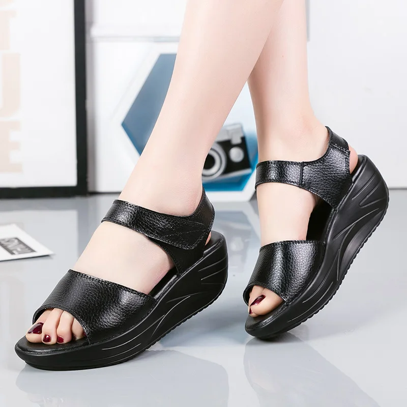 Summer Fashion Women Sandals Flat Platform White Leather Comfort Casual Shoes Lady Sandals Woman