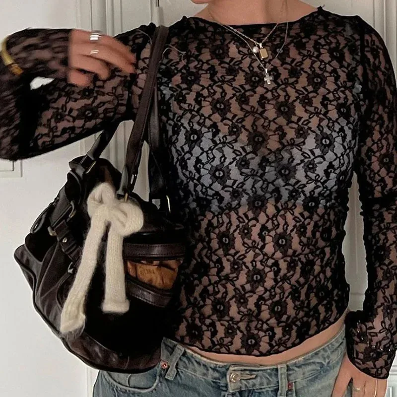 Fashion Solid Lace Crop Top Women Long Sleeve Off Shoulder See Through Mesh Sexy Bodycon Blouse Club Daily Autumn Winter Tops