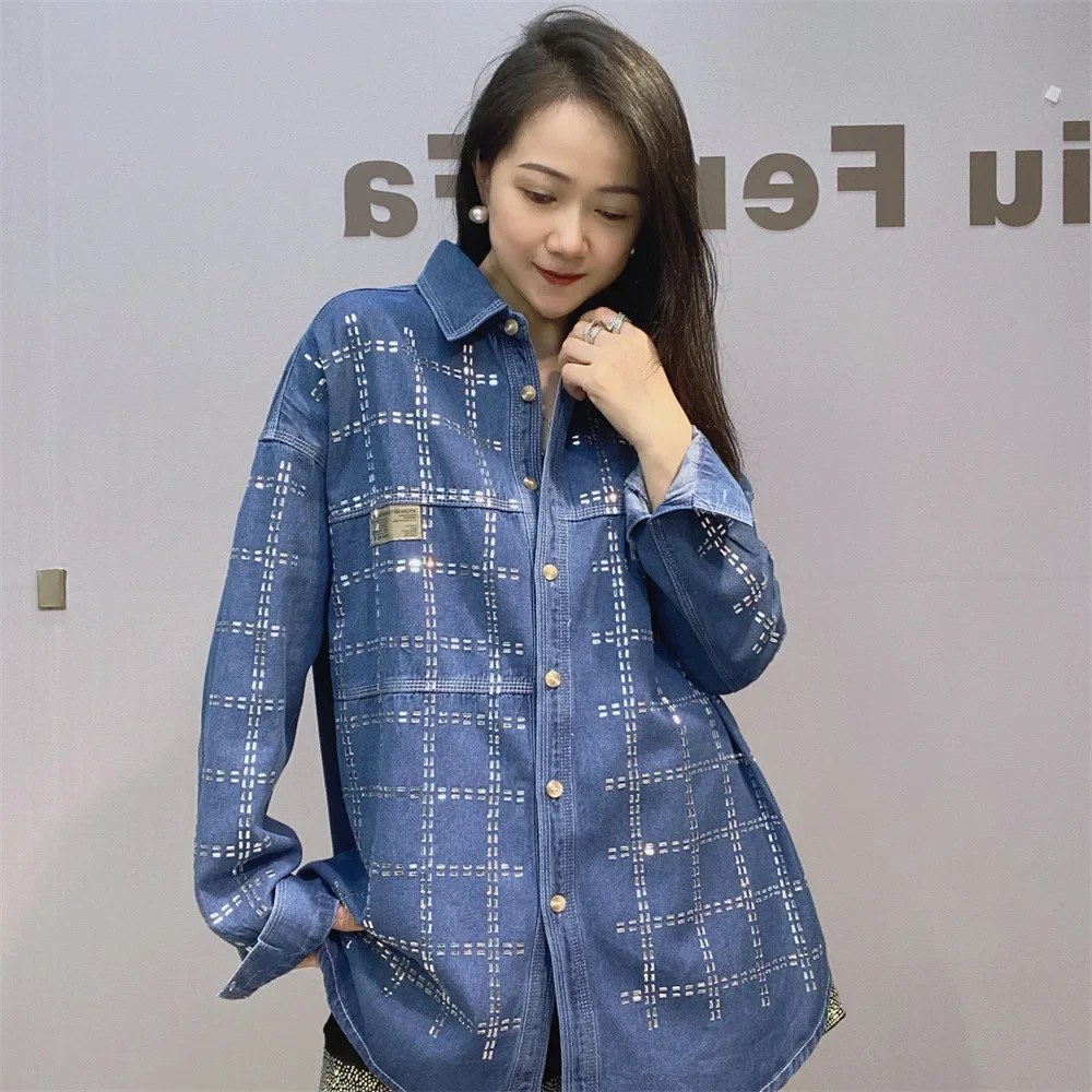 Shiny Plaid Hot Drilling Women Cardigans Coat 2024 New Autumn Loose Mid-long Denim Shirts Casual Long Sleeve Blue Jeans Jacket