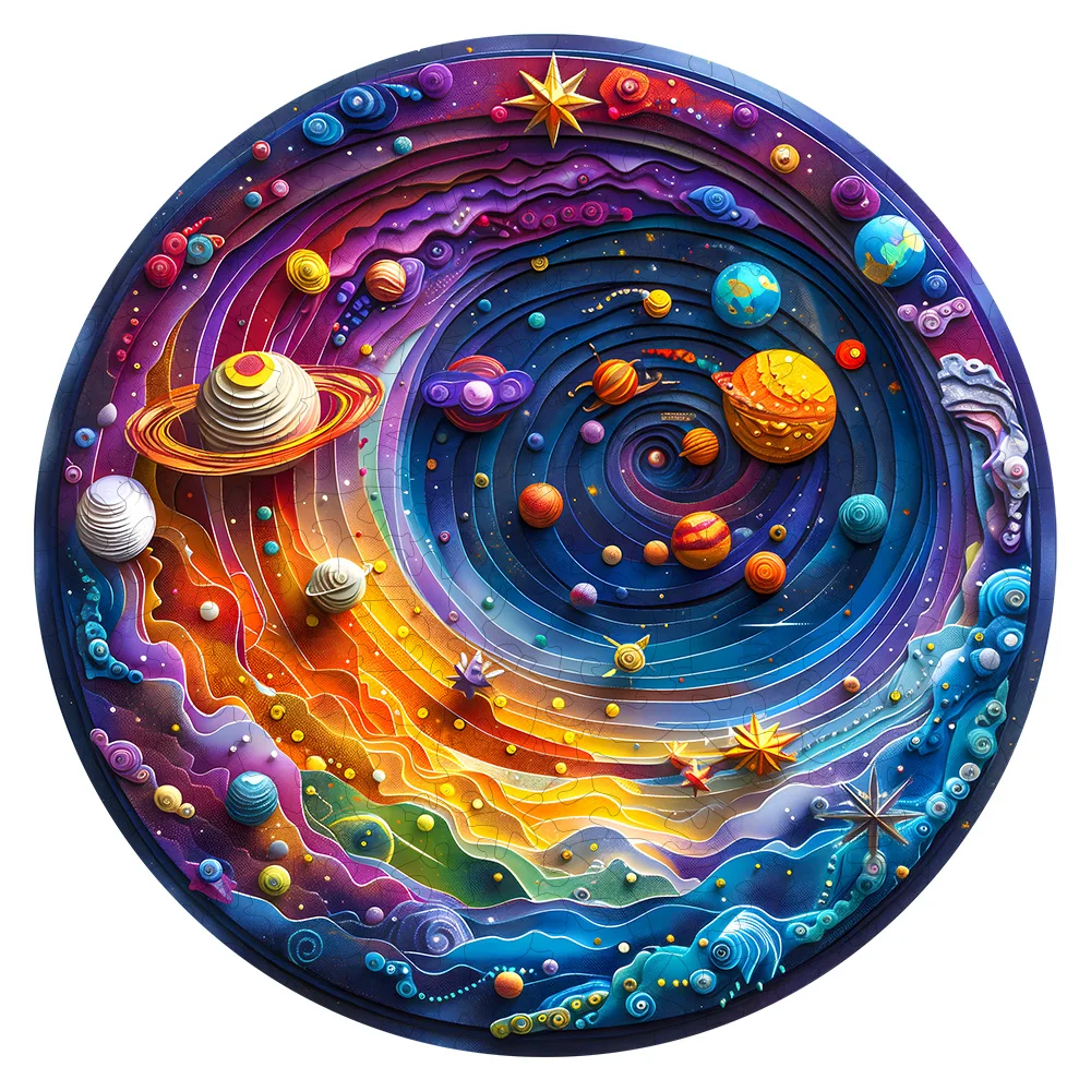 Round Universe Planet Wooden Puzzle, Colorful Galaxy Space Jigsaw with Whimsical Animal Irregular Pieces, Home Art Decoration Toy