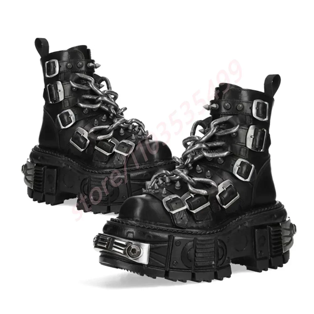 

2025 Короткие ботинки в стиле панк с заклепками и цепочкой на толстой подошве, новые уличные модные спортивные повседневные ботильоны с круглым ремнем и пряжкой, мотоциклетные ботинки