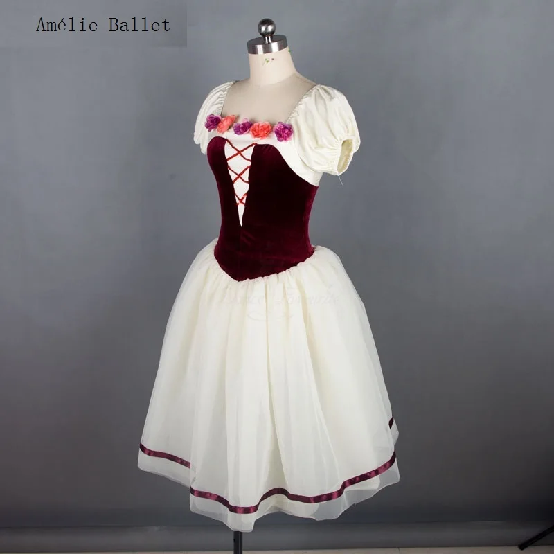 18442 Burgundowy Aksamitny Gorset Baletowy Tutu Romantyczna Długość Kostiumy Taneczne Baletowe Tutu Dziewczęce i Damskie Kostiumy Taneczne na Występy