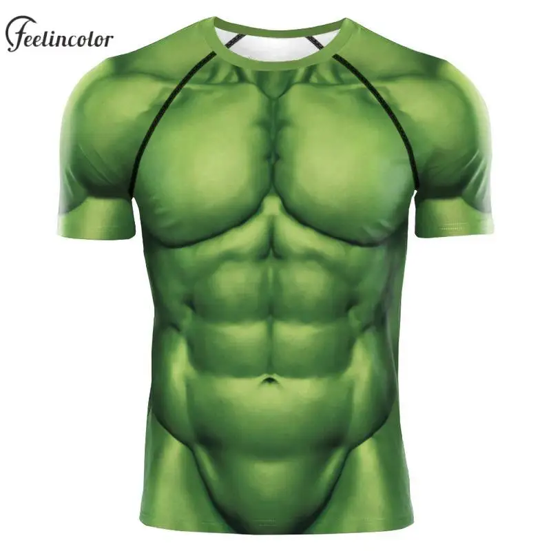 Superhero Cosplay T-Shirt for Men Green Muscles Printed T-Shirts Sports Breathable O-Neck Tops Summer Elastic Male Clothing