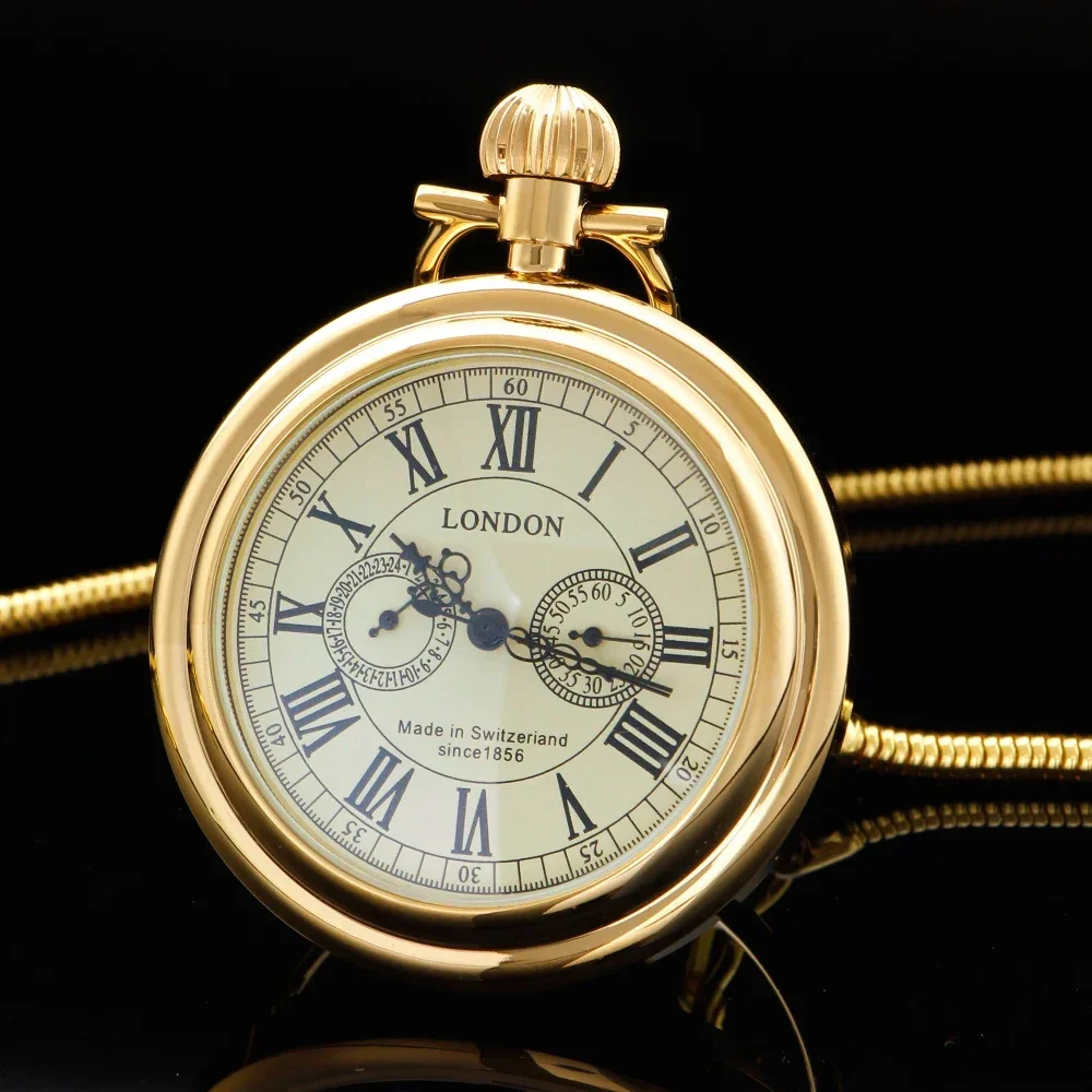 Brass Mechanical Hand Winding Pocket Watch Men Roman Numerals 5 Hands Display Open Face London Antique Style Manual Pocket Clock