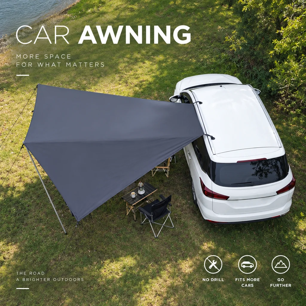 SUV Car Side Canopy Awning Suction Cup Mount Silver Coated Polyester Sunshade UV Protection Shelter for Road Trip OutdoorCamping