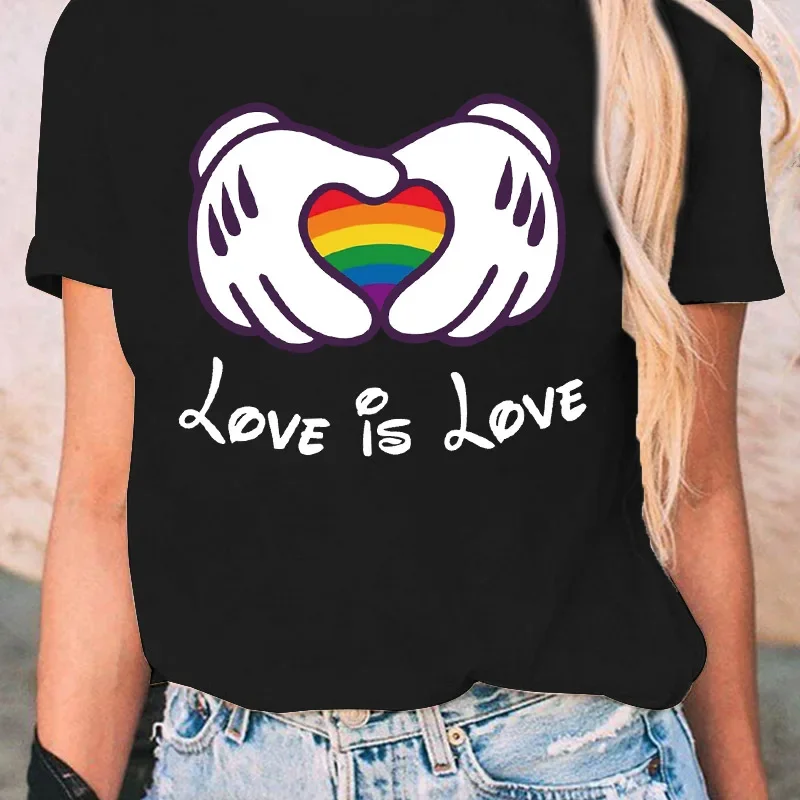 Women's Love is Love is Love Rainbow Graphic T-shirt, Lesbian Pride Tshirts, Lesbian Summer Short Sleeve T Shirts