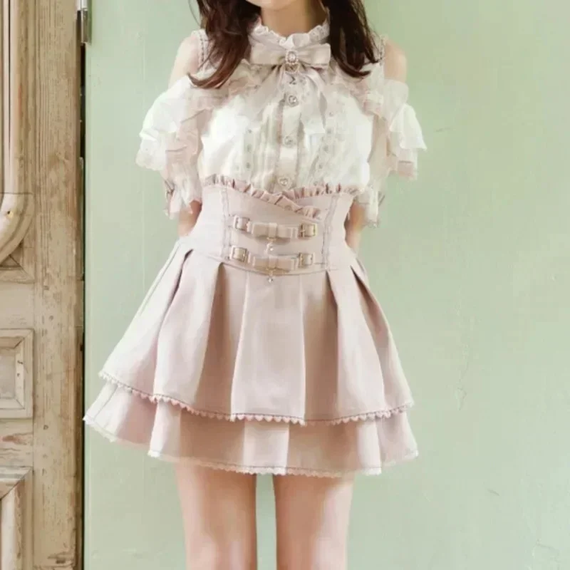 Japan Style High Waist Pleated Mini Skirts Bow Knot Design   Kawaii Slim Fit A-line Pink Lace  For Women