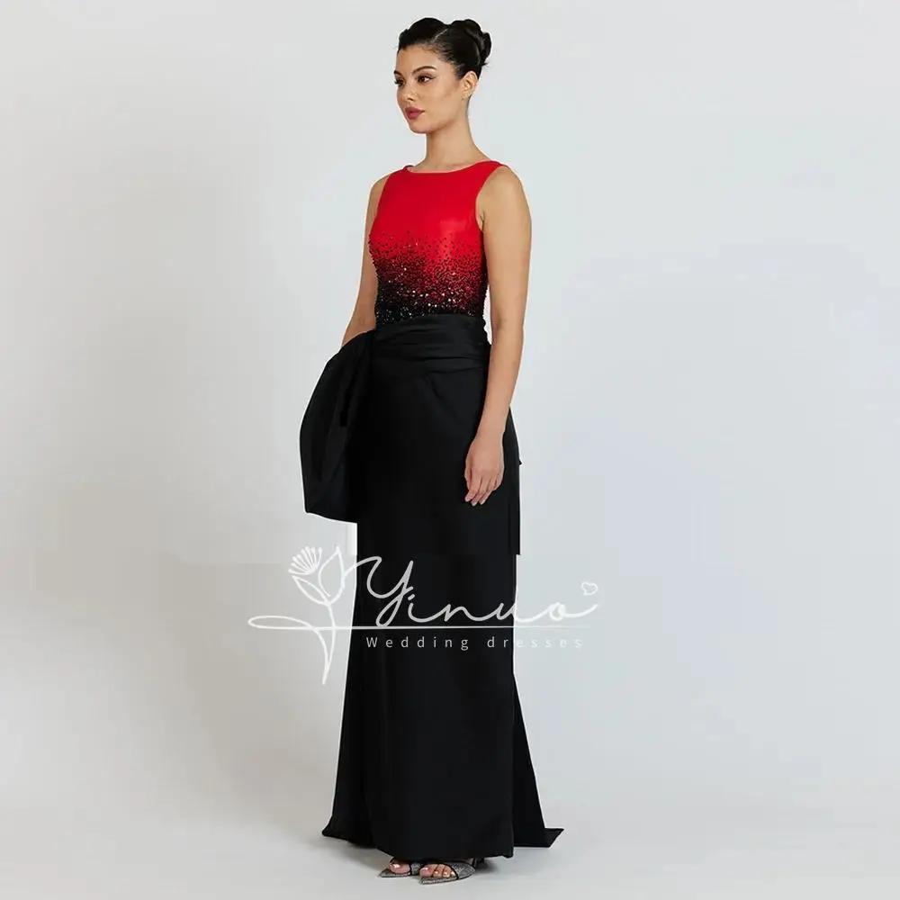 2025 Beads Prom Dress Round Neck Sleeveless Red Black Formal Party Gown Floor Length Sequined Saudi Arab Evening Dresses