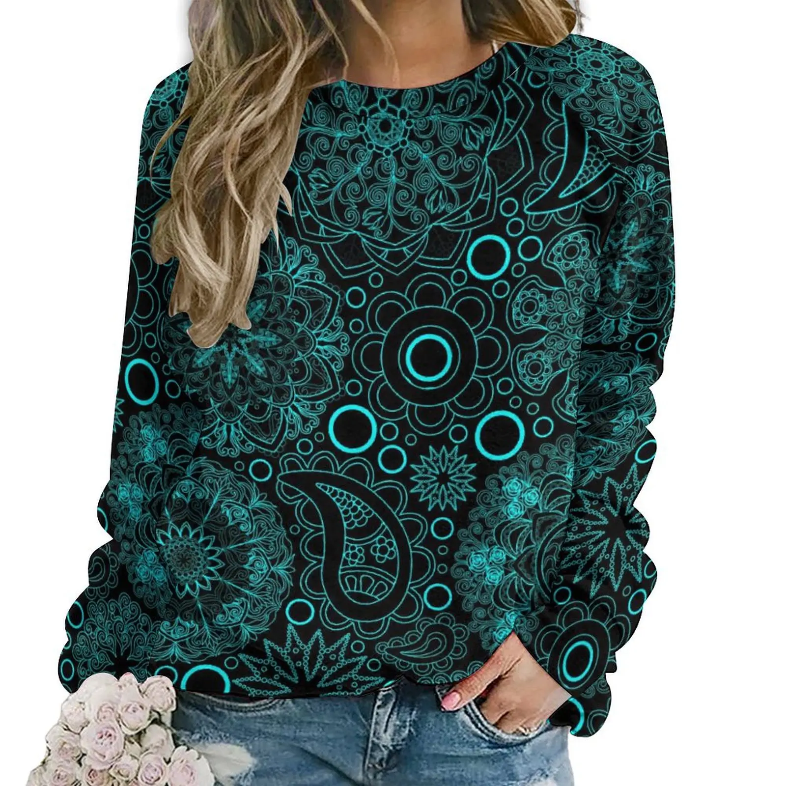 Boho Paisley Casual Hoodies Blue Mandala Modern Hoodie Spring Long-Sleeve Street Fashion Oversized Sweatshirts Birthday Present