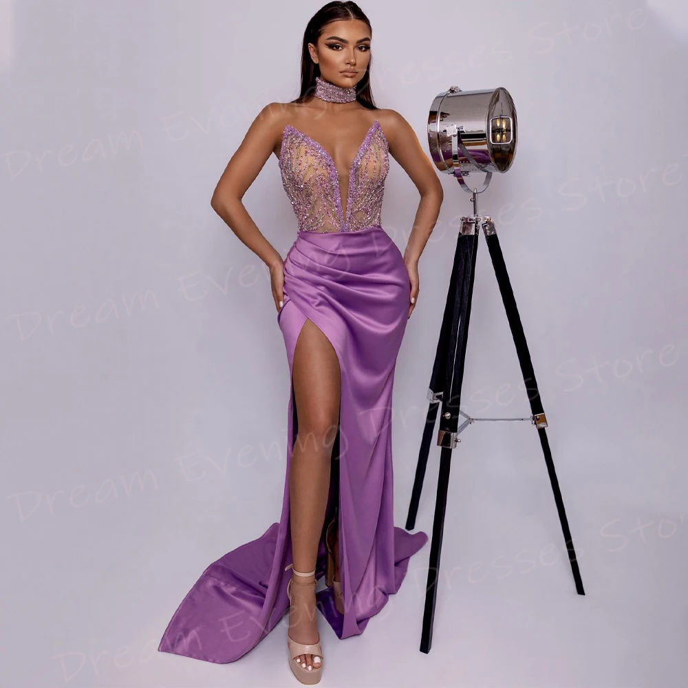 

Classic Purple Mermaid Graceful Women's Evening Dresses Sexy Strapless Sleeveless Prom Gowns High Side Split Vestido De Noche