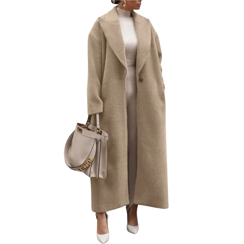 

CYL-Female Fashion Notched Lapel Single Breasted Open Front Maxi Long Trench Coat Overcoat With Pockets