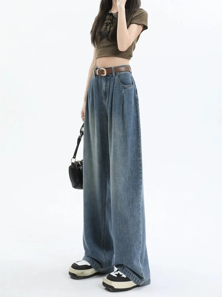 جينز ريترو عالي الخصر وواسع الساق من قماش الدنيم سروال طويل مطوي للشارع لخريف 2023 وصل حديثًا من القطن المطاطي