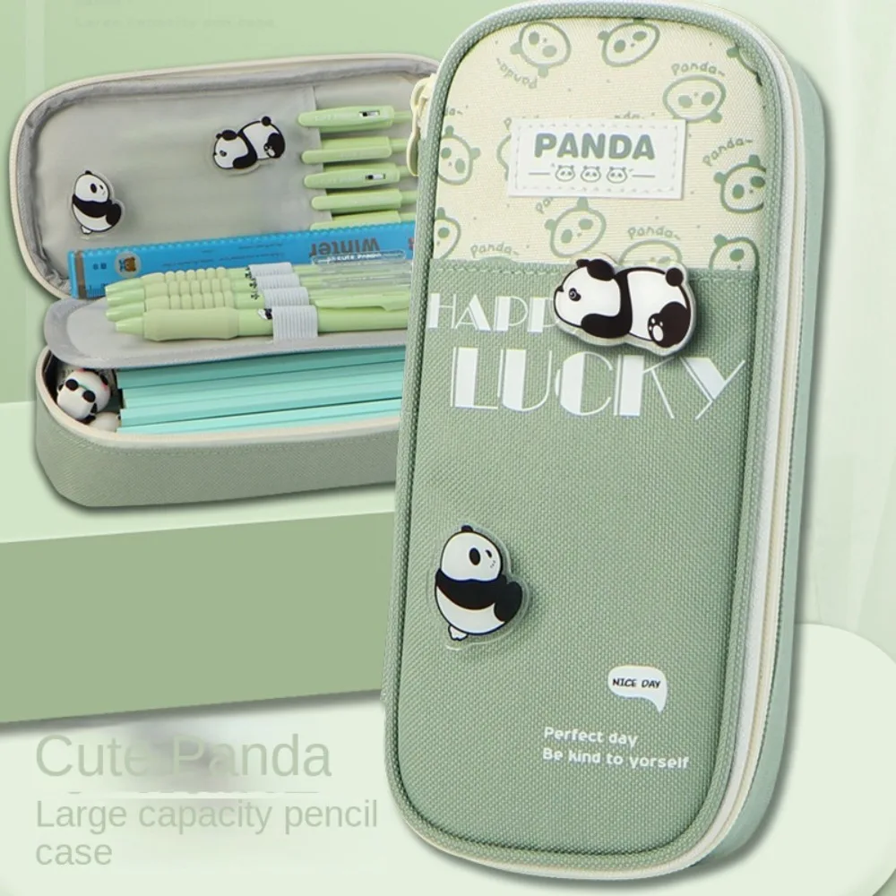 Two Layers Panda Pencil Cases Pen Holder Creative Large Capacity Pen Boxes Green Multifunction Cartoon Pen Pounch Stationary Box