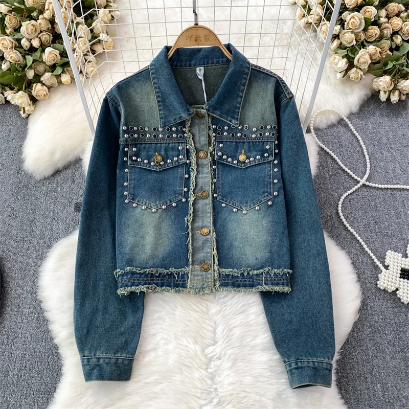 Streetwear Fashion Women Slim Short Denim Jacket Beaded Rivet Diamond Frayed Splicing Contrast Color Spring Female Jeans Jacket