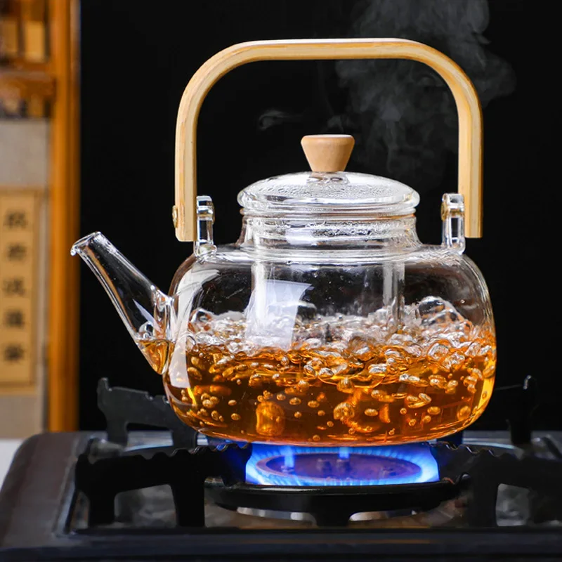 

High Boron Silicon Glass Teapot Chinese Tea Ceremony Transparent Teawear Set Cup Filter Wood Handle Pot 900ML