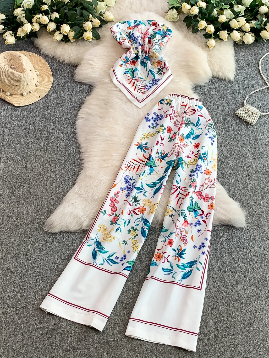 

Сексуальный жилет Vaion Sle на бретельках с высокой талией, комплект широких брюк, укороченный топ с нерегулярным принтом для похудения, большие размеры, ансамбль Faion