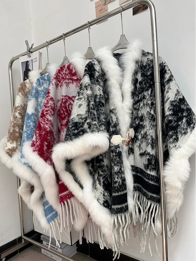 

Зимнее женское пальто из натурального лисьего меха, шерстяной плащ, кашемировая теплая куртка-шаль с меховым воротником, роскошное толстое женское пальто