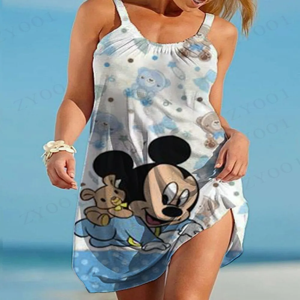 Abito da spiaggia estivo alla moda da donna in stile bohémien, modello di cartone animato Disney stampato, comoda gonna al ginocchio per donna