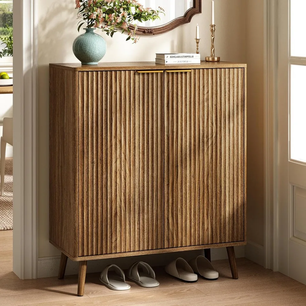 Fluted Shoe Cabinet with Doors, 5-Tier Shoe Storage Cabinet with Adjustable Shelves, Wooden Freestanding Shoe Organizer Shoe Cabinet for Entryway,Hallway,Living Room, Natural Oak