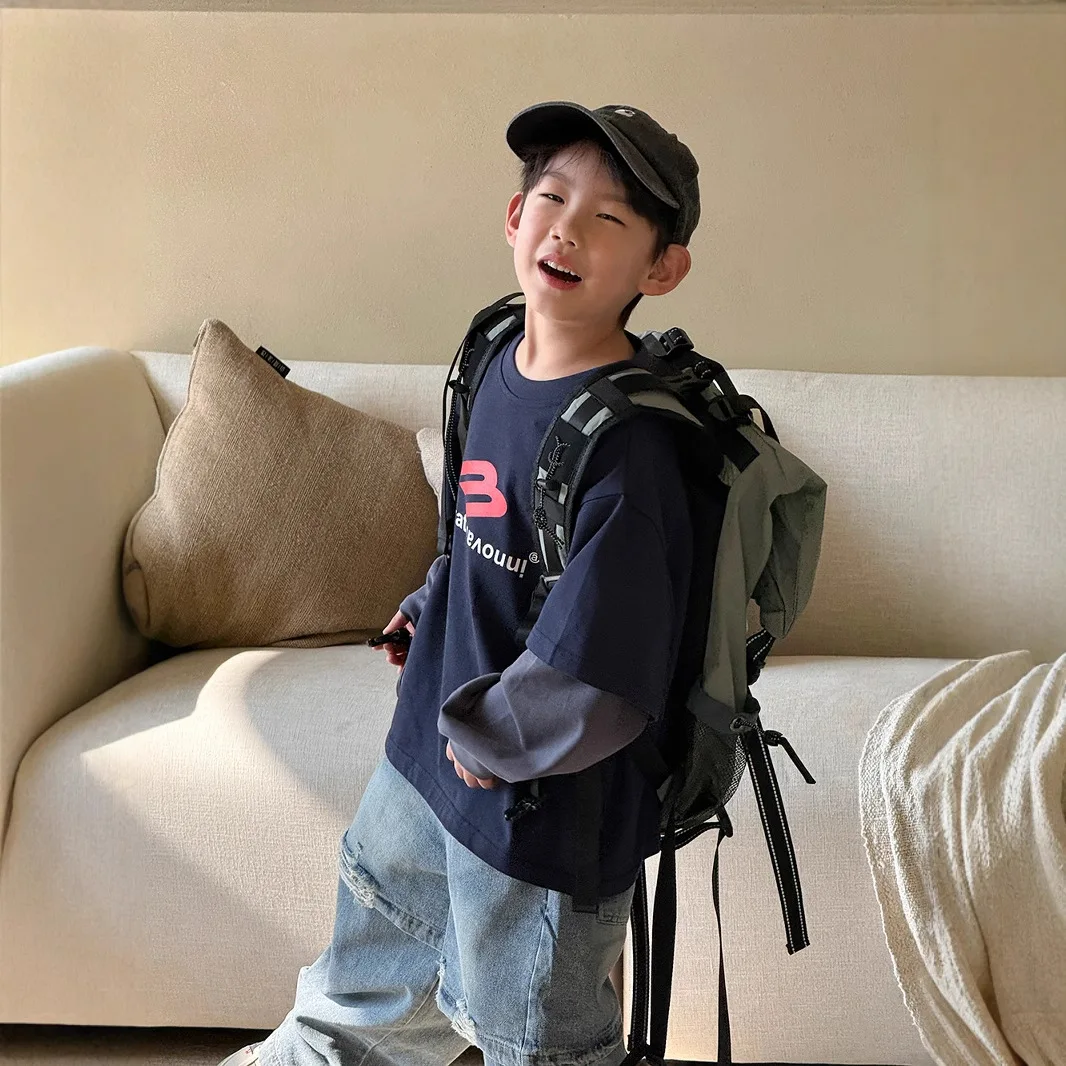 

2025 New Children's Clothing Boys Fake Two Tops Versatile T-Shirt Western-style Sweatshirt