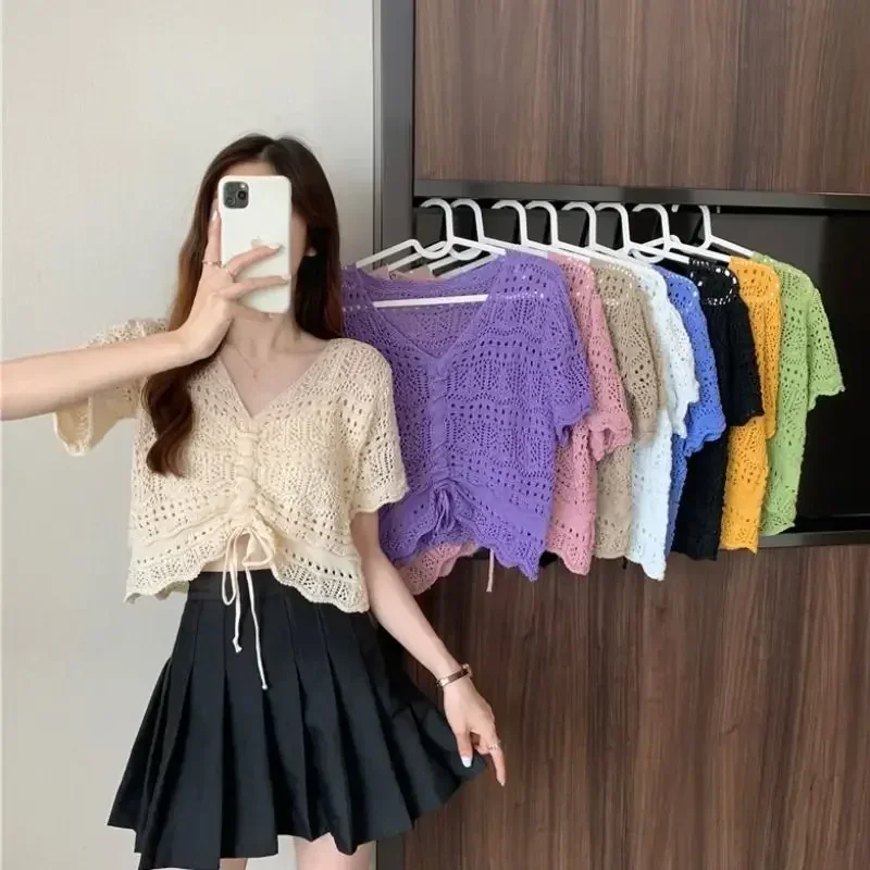 

Plain Casual Women's T-shirt Summer Korean Sexy Short Sleeve Crop Top Clothes Pulovers Elegant T Shirt V-Neck Knitting Fashion