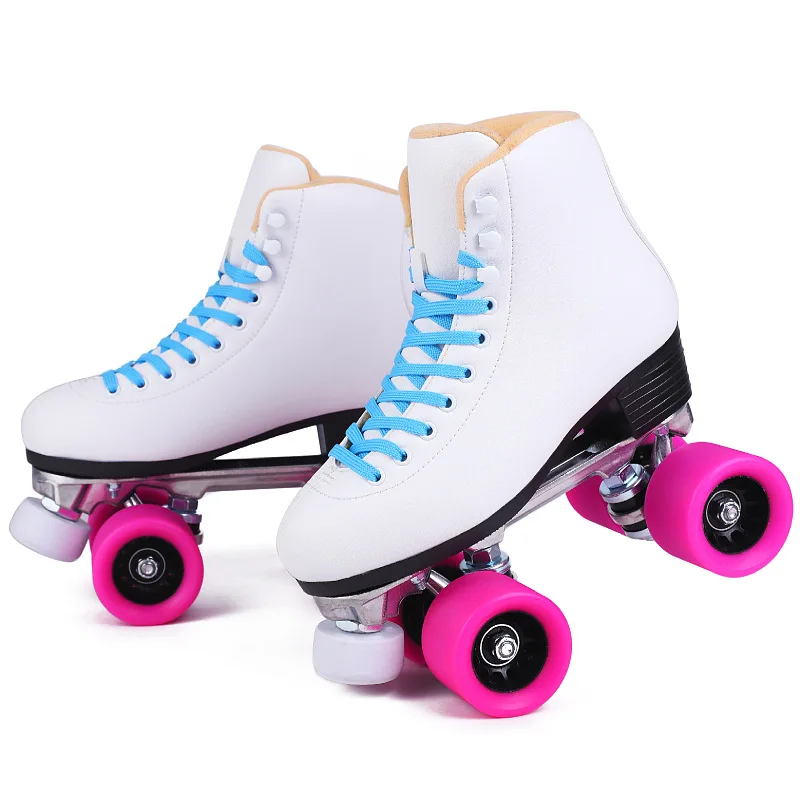 Steel Bracket Double Line Skate, Unisex Quad Roller Skate, Quality White Cowhide, Sport Patines Boots, Pro Skating Gears