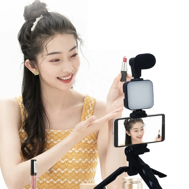 Vlogging for Phone Desk Tripod Adjustable Phone Mount Holder LED Fill Light and Microphone Windscreen Multifunction