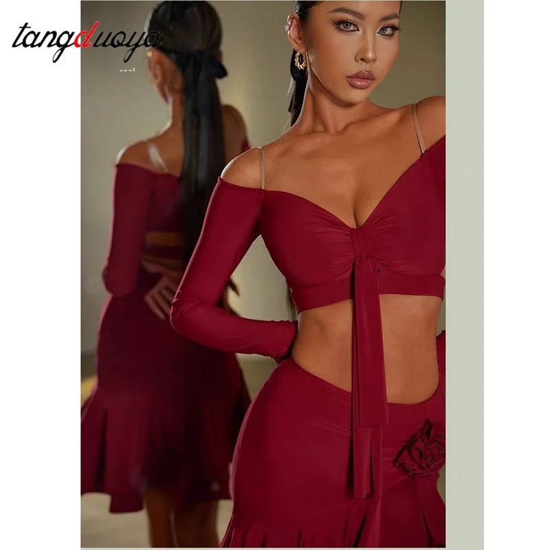 dance training Sexy Off Shoulder Latin Top Ruffled Skirts Latin Dance Costume Stage Performance Clothes Samba Tango Dance Wear