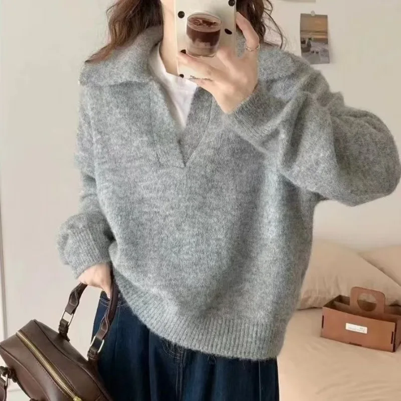 

Sweater Women's Pullover Autumn and Winter Loose Lazy Lapel Solid Color Cute Sweater Top