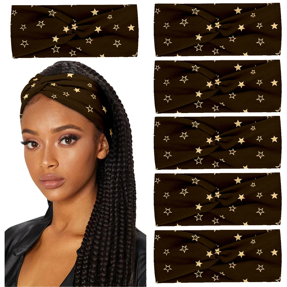 

6PCS Vintage Brown Star Elastic Headbands for Women Girls Yoga Workout No Slip Hair Accessories Head Wraps Fashion Hairbands