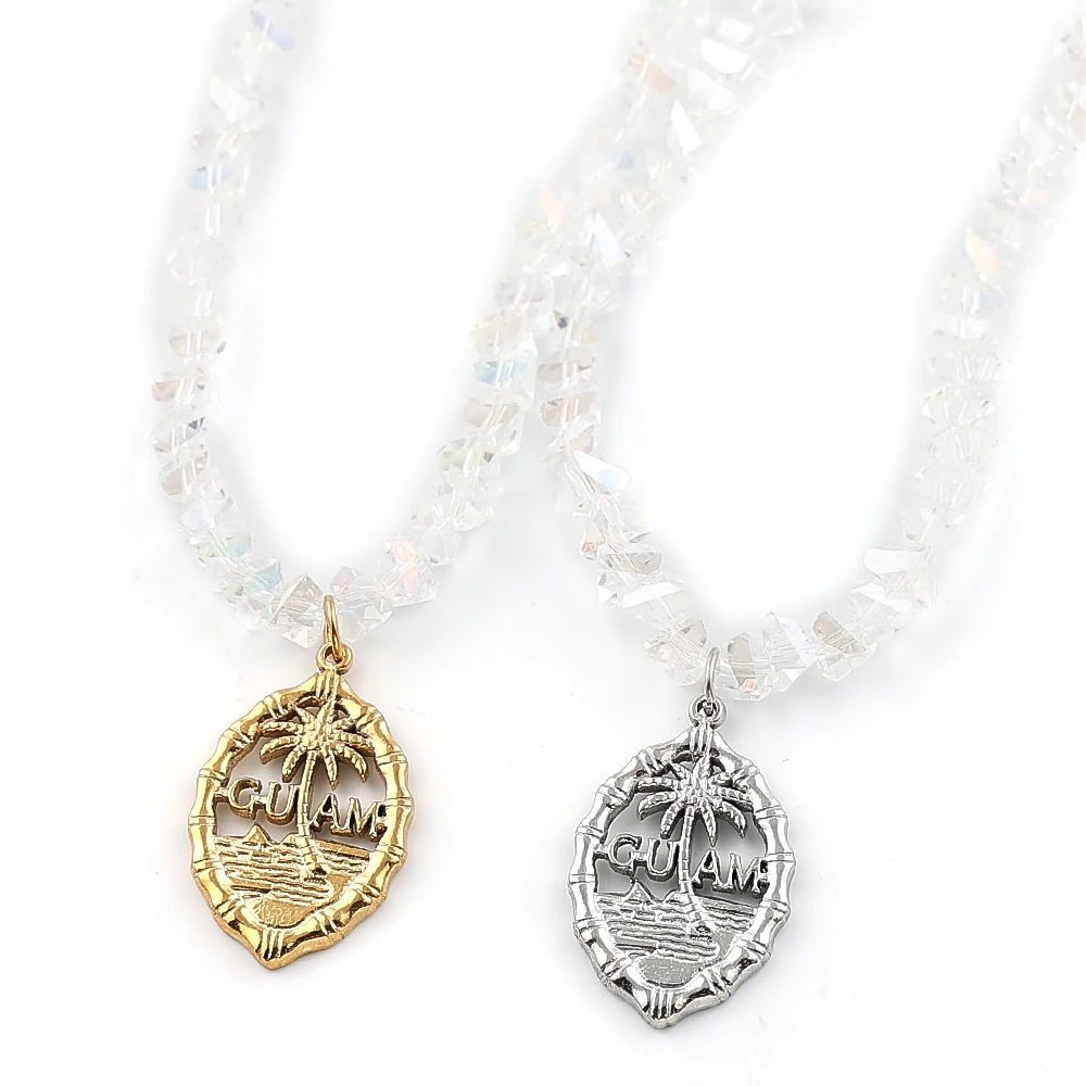 GUAM Island Coconut Tree Oval Necklace for Women Clear Glass Beaded Chain Pendant Choker Necklaces Party Summer Beach Jewelry
