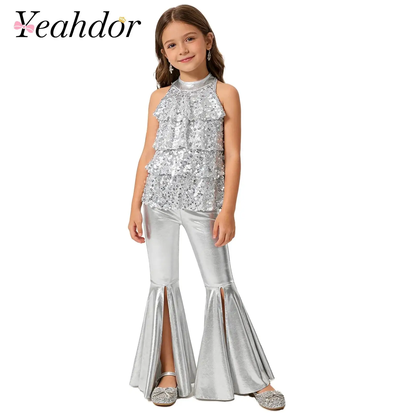 

Children's Disco Outfits Kids Girls Jazz Dance Costume Halter Shiny Sequins Leotard with Split Bell-Bottom Metallic Pants Suits