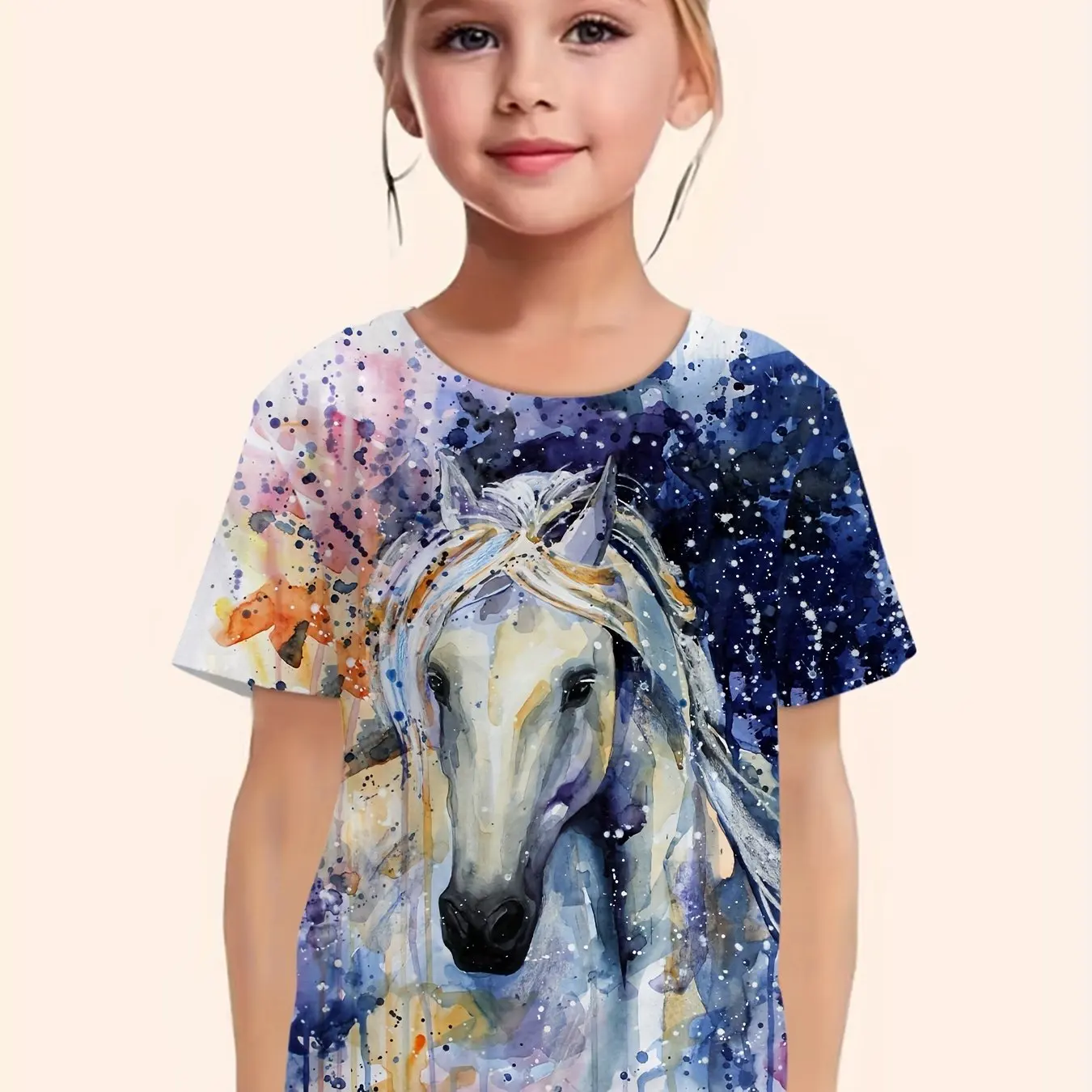 Children's Clothing Girl Clothes Short Sleeve Girl T-Shirt Casual Vintage Horse Print Kids Summer Clothes Girl Top O-Neck Tee﻿s