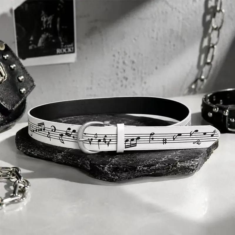 Vintage Music Note Printed PU Waist Belt  for Women Unisex Faux PU Leather Strap Fashion Waistband Decor Accessory for Jeans