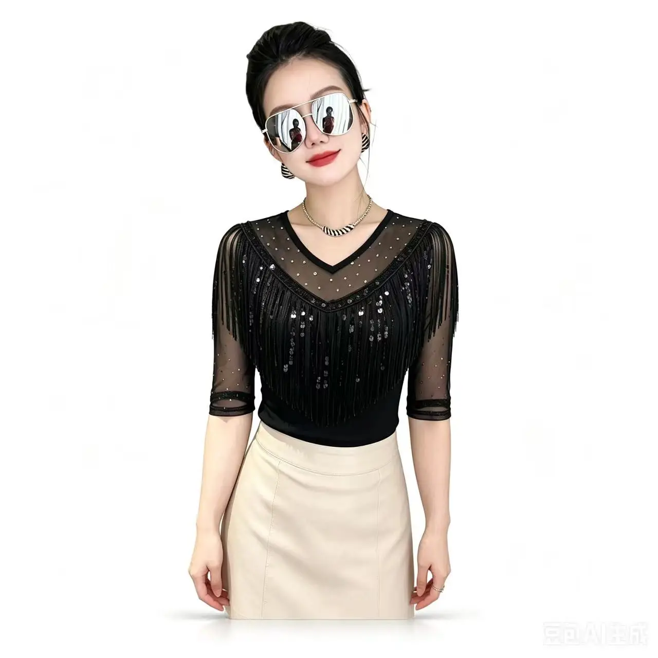 MadBlack-Women European T-Shirt, Sexy V Neck Tassel Sequins, Clubwear Short Sleeve Slim M-3XL Thin Tee, 2026 Summer New T67201CC