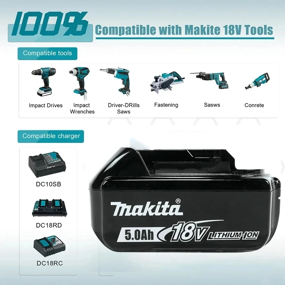 Makita 100% Original Rechargeable Power Tool Battery, Replaceable LED Lithium-ion, 5.0 Ah 18V LXT BL1860B BL1860 BL1850