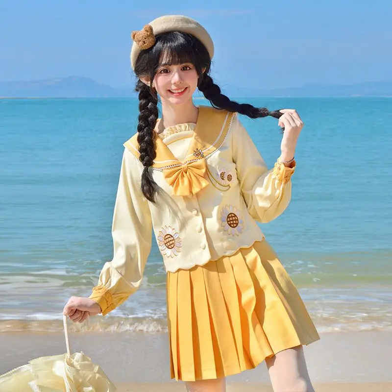 Japan JK Sweet Uniform Set Sunflower Original Japanese Long Sleeve Student Cute Sailor Costume Loli Tea Party Top+Skirt