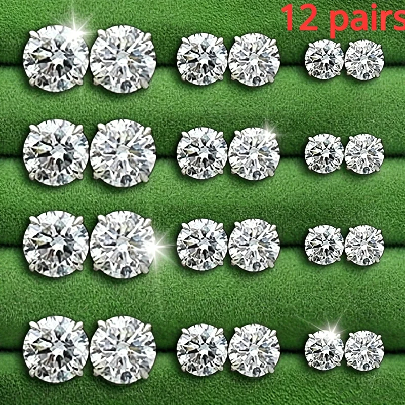 12 Pairs Set Stainless Steel Silver Color CZ Gemstone Buds Round Stud Earrings Unisex Fashion Jewelry Accessories Gifts