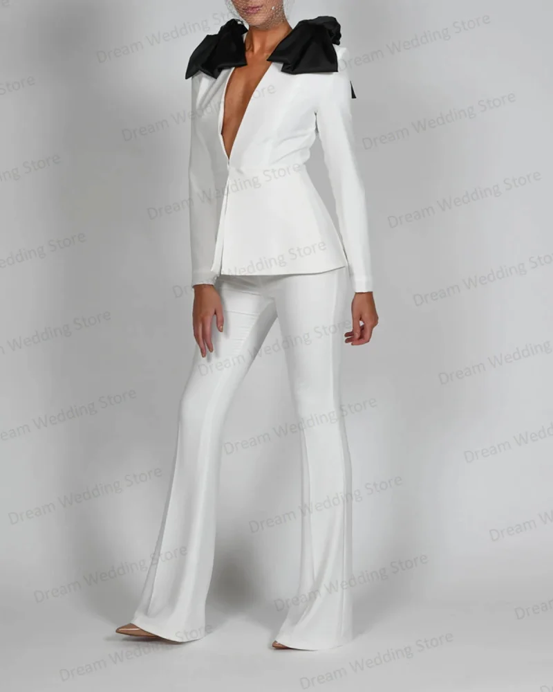 Wedding Women Suit Pants Set 2 Piece Blazer+Trousers Formal Office Lady Jacket Coat With Bow Cotton Tuxedos Custom Made