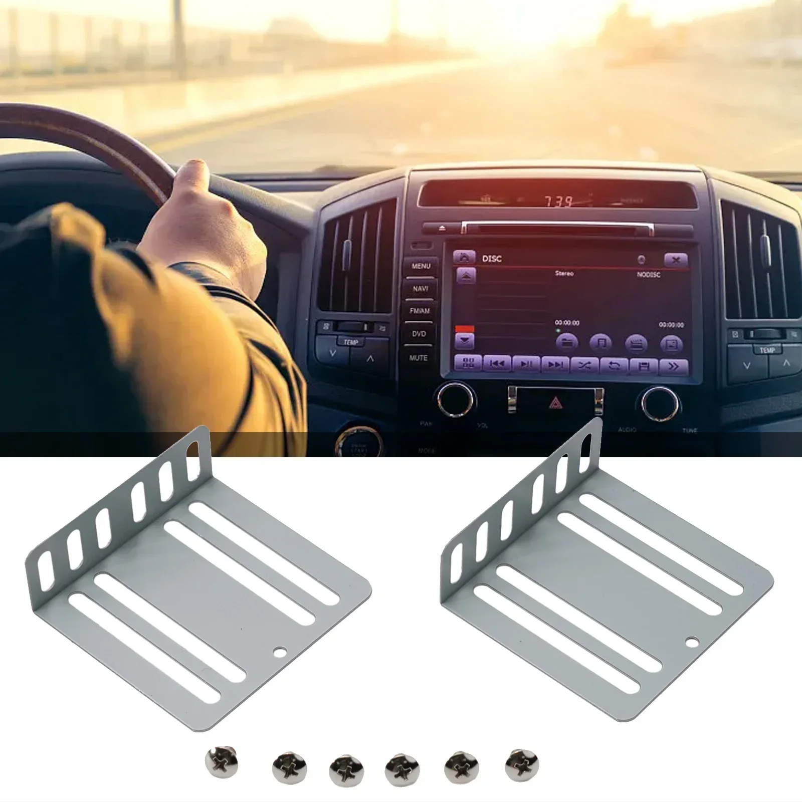 2PCS Din Car Radio Installation Kit MP5 Mounting Accessory Holder Support 2 Brackets  8 Screws Metal Silver 70x75x24mm Car Parts