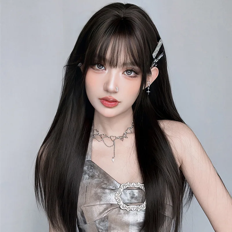 Women's long straight black synthetic wig with bangs, full head cover, ultra-long straight hair