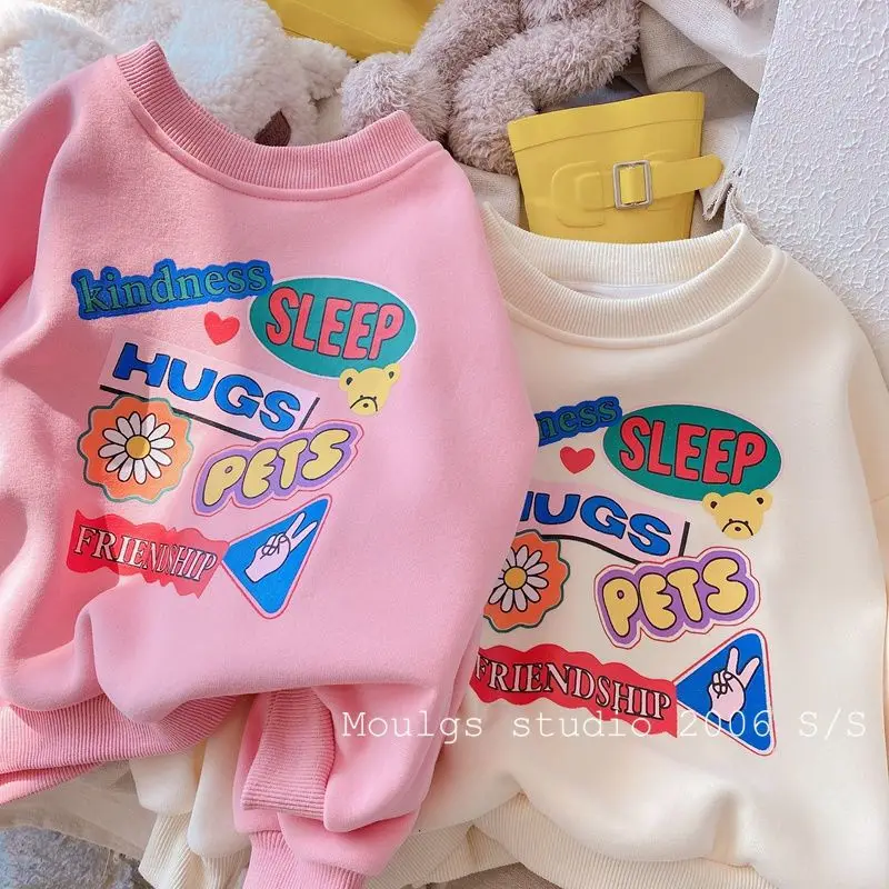 Girls' Fleece Pullover 2026 Autumn/Winter New Style Children's Simple Letter Print Casual Hooded Top - Warm And Versatile Piece