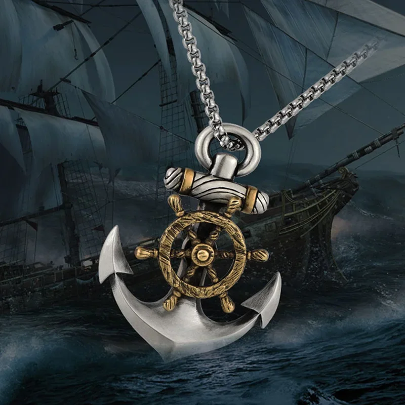 Vintage Pirate Anchor Ship Rudder Pendant Necklace Mens Sailor Punk Hip Hop Trendy Street Party Jewelry