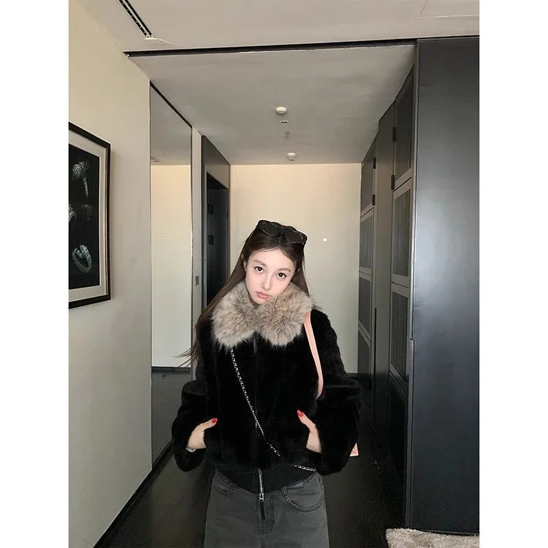 Black Winter New Big Fur Collar Imitation Rabbit Fur Jacket Women's Environmental Protection Fur Thickened Warm Woolen Jacket