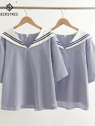 New Summer Cotton Short Sleeve Shirts Sailor collar Striped Patchwork Tops Cute Girl Retro Loose Blouses 2024 Autumn T46979QM